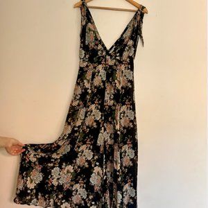 Black Floral Midi Dress, Tie Straps